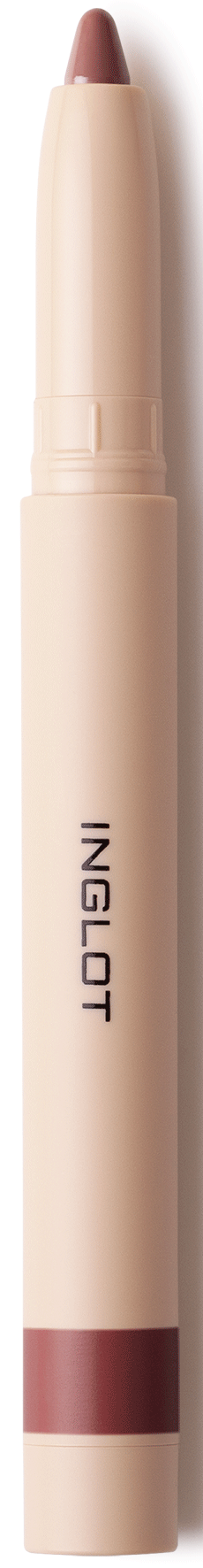 Ein Beiget Lip Balm Stick mit einer dunkelroten Lippenstiftspitze, beschriftet 'INGLOT'.