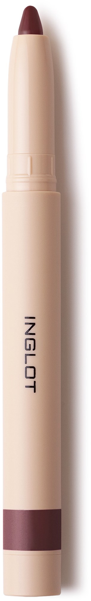 Ein beiger Stift mit burgunderfarbigem Spitze und Boden, mit INGLOT beschriftet, vor schwarzem Hintergrund.