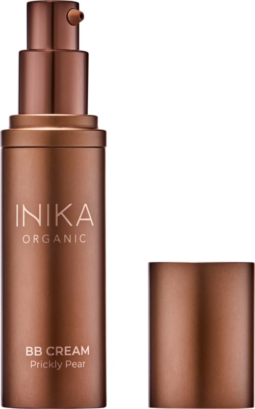 A brown bottle with a pump shows INIKA Organic BB Cream Prickly Pear, without the cap on.