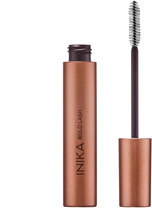 Brown mascara tube with the brush outside, labeled "INKA BOLD LASH" on the side.