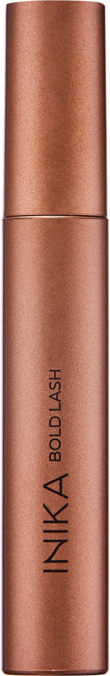 A rose gold-colored mascara tube labeled 'INKA BOLDBLASH' stands upright on a black background.