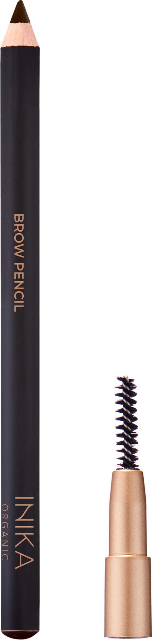En svart øyenbrynspenn med en liten børste på enden, merket "INIKA" og "BROW PENCIL."