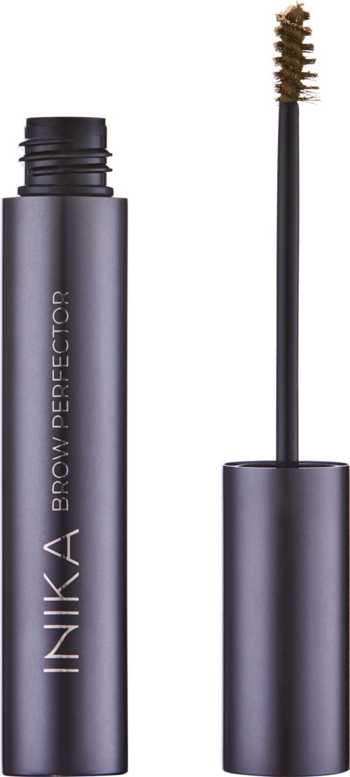 A mascara tube with a wand showing a brownish mascara brush.