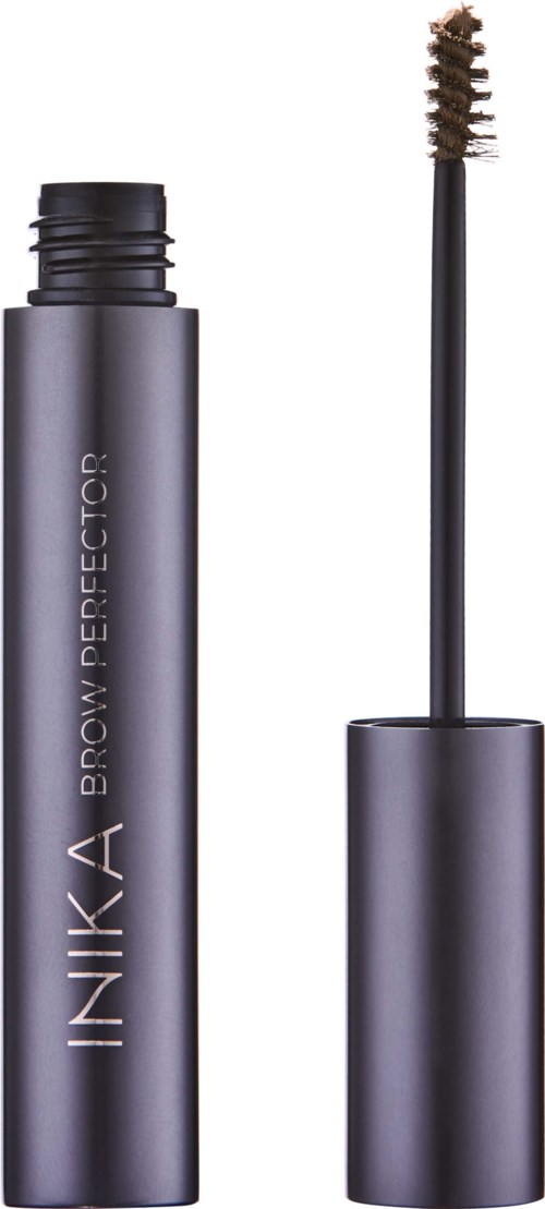 A grey mascara tube and brush with a black cap. The tube has the words "INKA BROW PERFEKTOR" written on it.