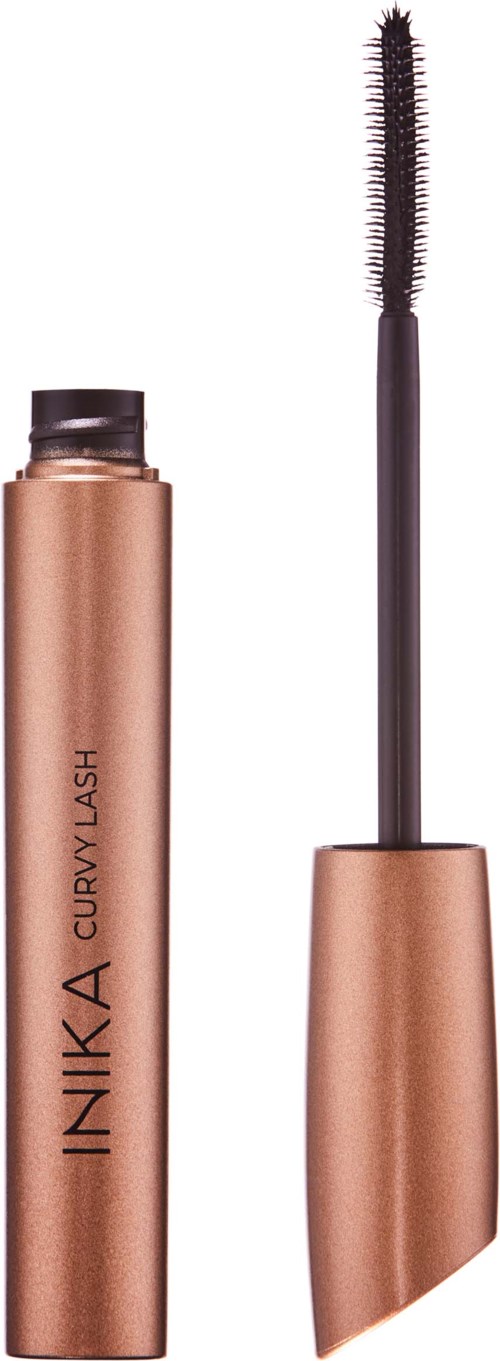 A mascara tube with a long brush and rose gold packaging. The brush is black and curved.