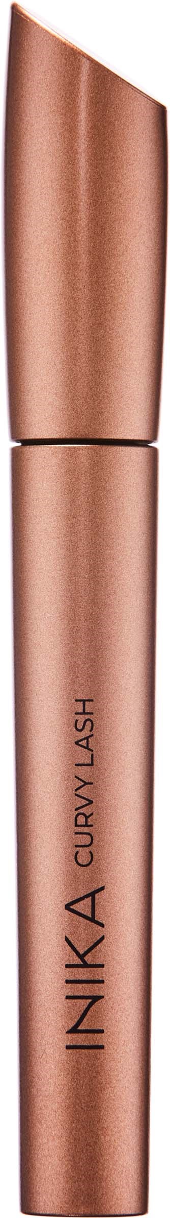A rose gold eyeliner or makeup pen with a slightly curved cap and printed brand name, INIKA CURLY FLASK.
