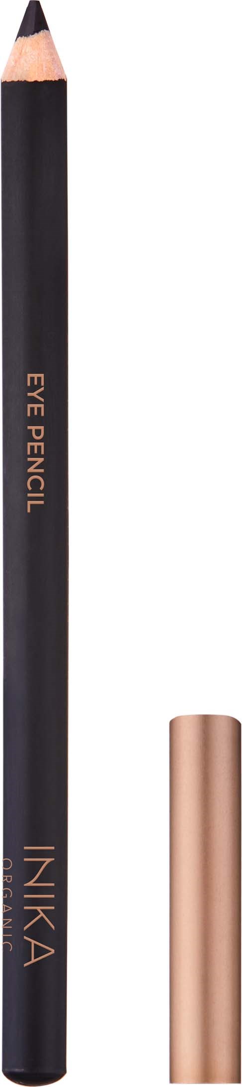 En svart ögonpenna med guldig text som säger 'Eye Pencil' och en rosa-guldaktig kork.