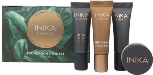 Set of natural skincare products, including foundation, BB cream, and a trial set box with green leaves design.