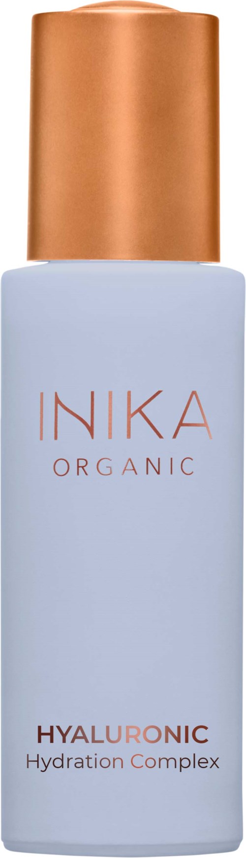 White bottle with a gold cap labeled "INKA ORGANIC HYALURONIC Hydration Complex."