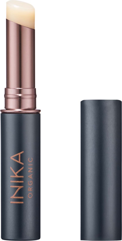 A lipstick with a rose gold tube and a black cap, the lipstick is a light, natural shade.