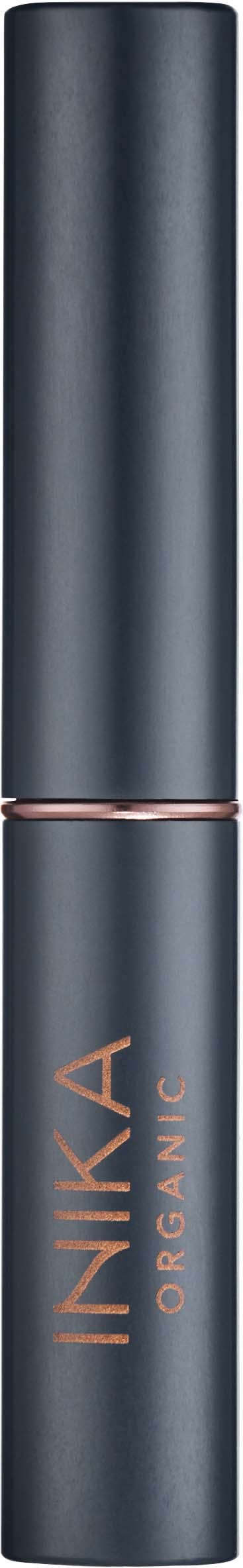 A tall, dark gray lipstick tube with rose gold accents and the words "INKA ORGANIC" on it.
