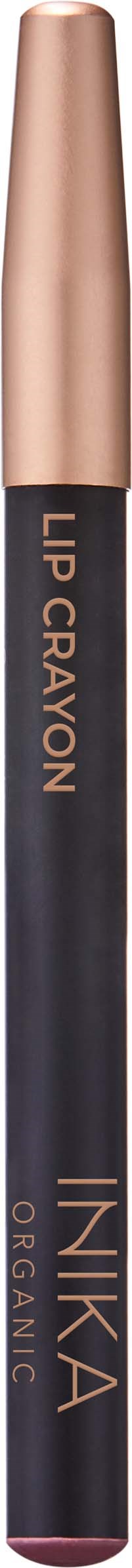 A lip crayon with a black body and rose gold cap, labeled "Lip Crayon" and "Inika Organic."