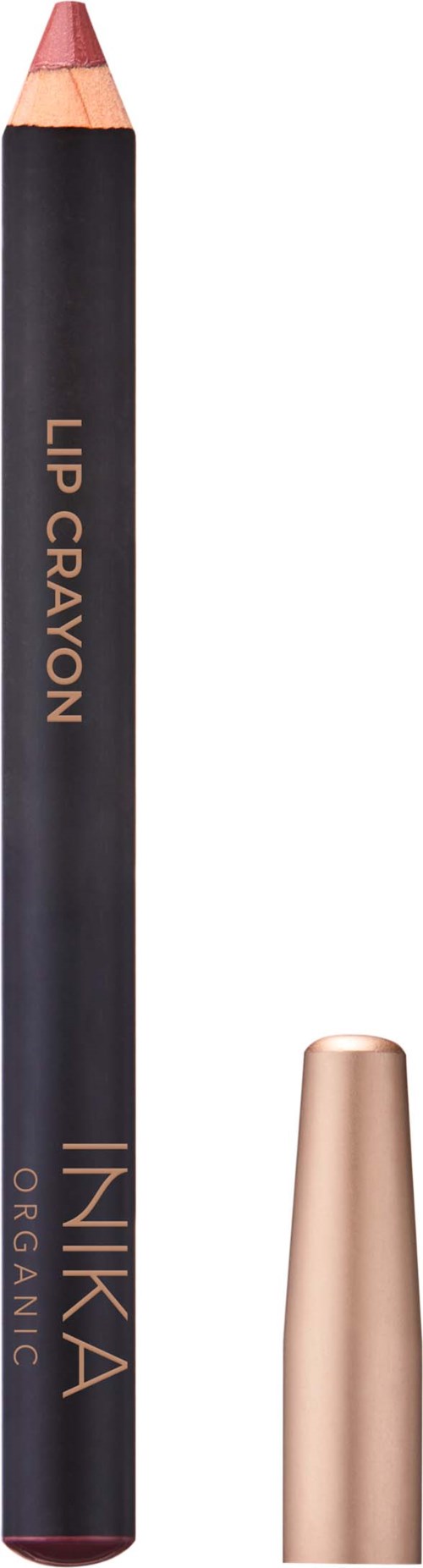 A black lip crayon with a pink tip and a rose gold cap.
