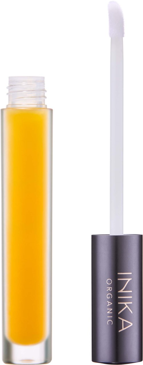A yellow lip balm tube with a white applicator stick. The tube has a black cap with the words 'INKA ORGANIC'.