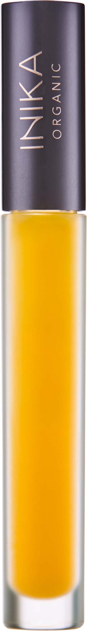 A lip gloss tube with black cap and yellow gloss inside, labeled "INKA ORGANIC."