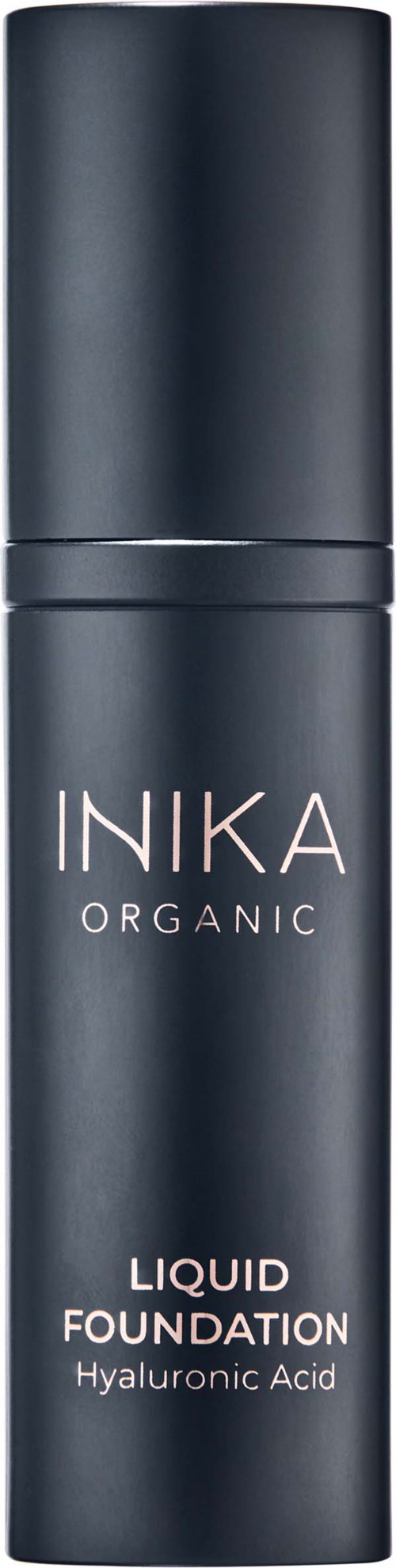 A black bottle with silver text, labeled "INIKA ORGANIC Liquid Foundation Hyaluronic Acid".