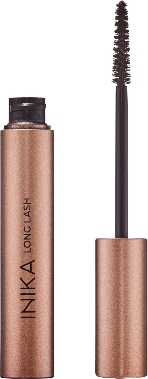Kultainen mascara-tynnyri, jossa harja näkyvissä, merkintä 'INKIKA LONG LASH'.