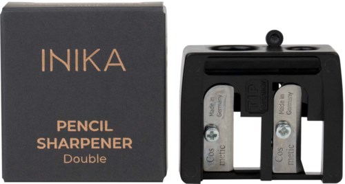 A black double pencil sharpener with two holes and a box labeled 'INKA PENCIL SHARPENER'.