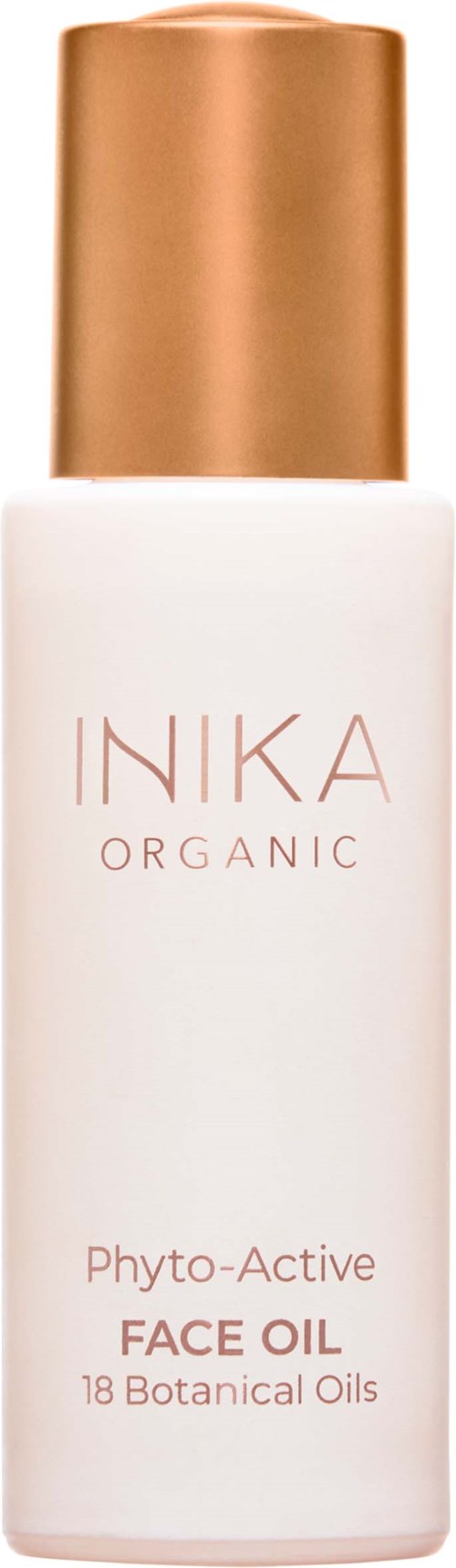 Valkoinen pullo, jossa kultainen korkki, merkitty Inka Organic Phyto-Active Face Oil, sisältää 18 kasviöljyä.