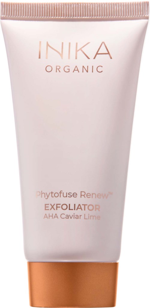 Valkoinen putkilö, jossa pronssinvärinen korkki, merkinnällä INIKA ORGANIC Phytofuse Renew EXFOLIATOR, sisältää AHA Caviar Lime.