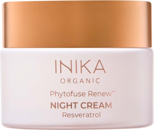 Hvitt glass med gullsdek, merket INIKA Organic Phytofuse Renew Night Cream, inneholder Resveratrol.