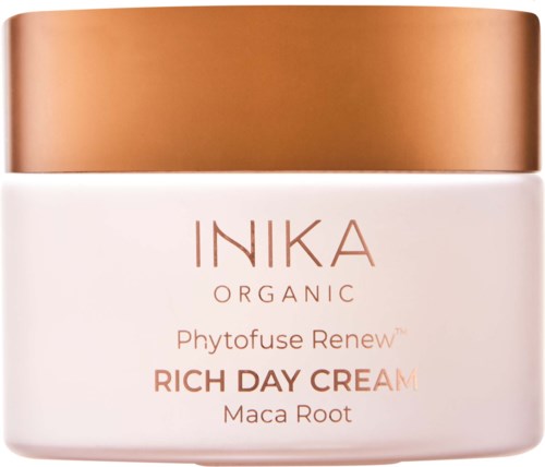 Inika-organic kasvovoidepurkki kulttikannella, merkattu Phytofuse Renew Rich Day Cream Maca Root.