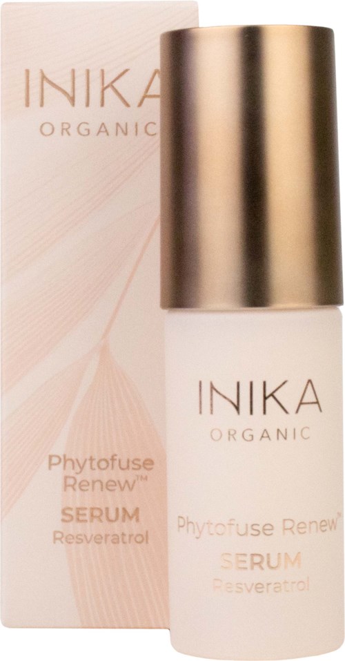 En hvit serumflaske med gullhval og eske, merket "INIKA Organic Phytofuse Renew".