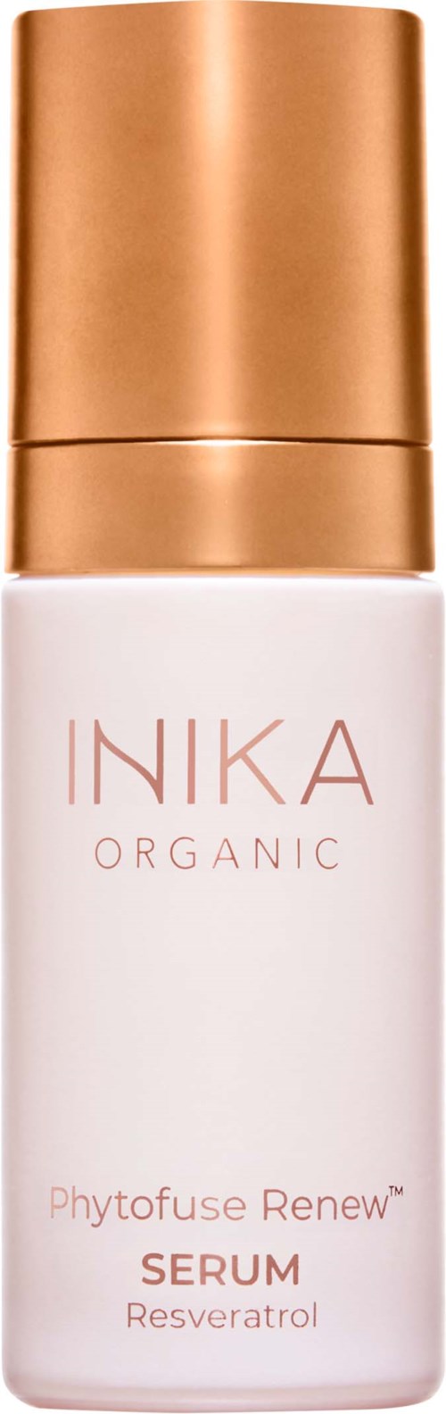 En vit flaska med guldlock, märkt 'INIKA Organic Phytofuse Renew Serum.'