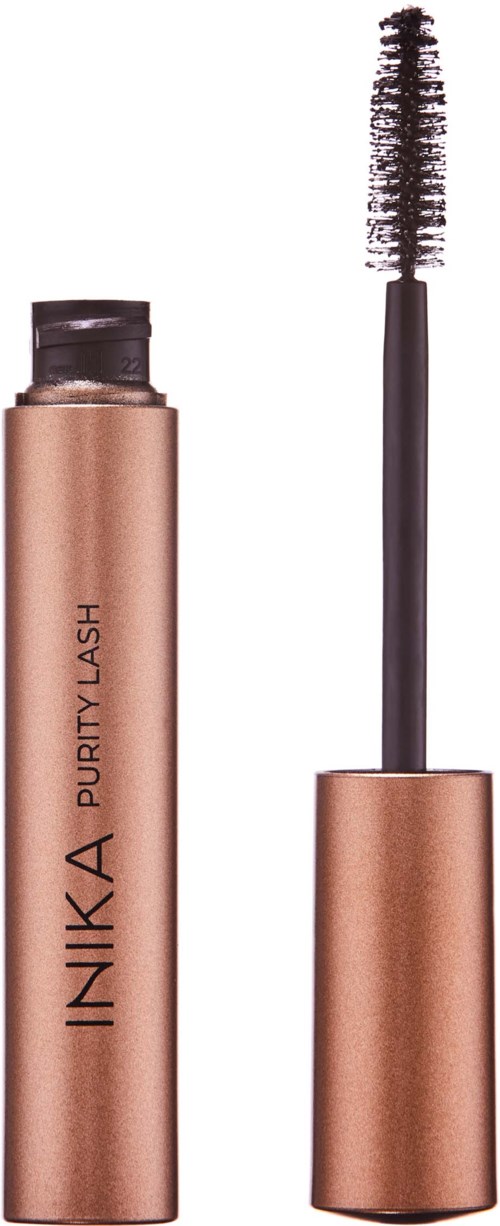 A brown tube makeup product with a brush applicator, labeled 'INIKA PURITY LASH.'