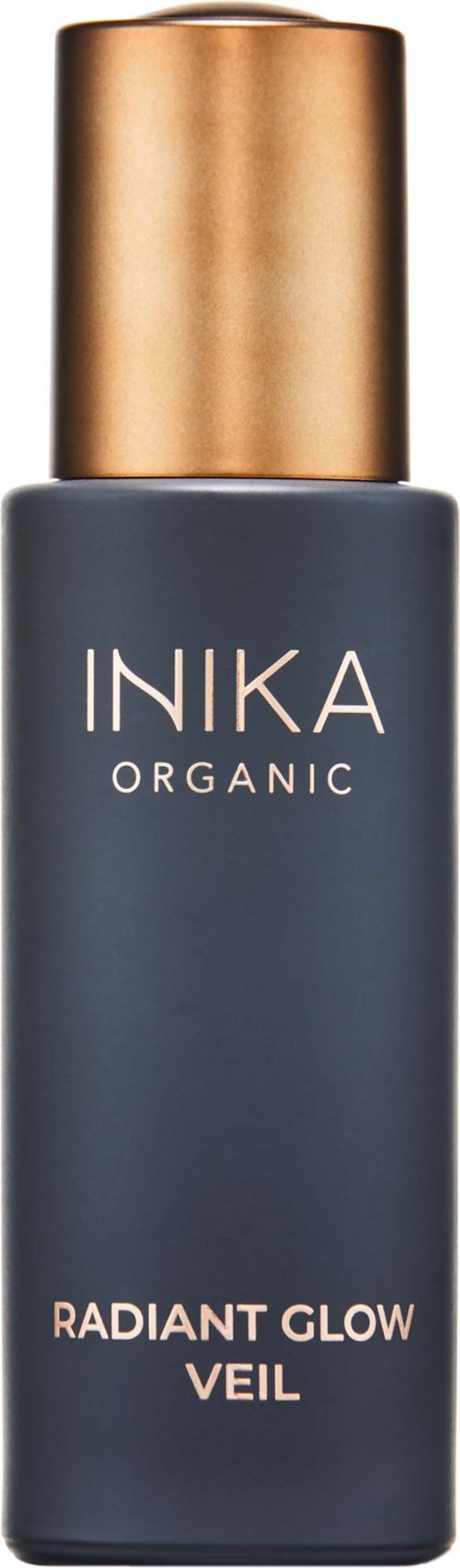 Tummansininen pullo kultoviljalla. Siinä lukee "INKA ORGANIC" ja "RADIANT GLOW VEIL".