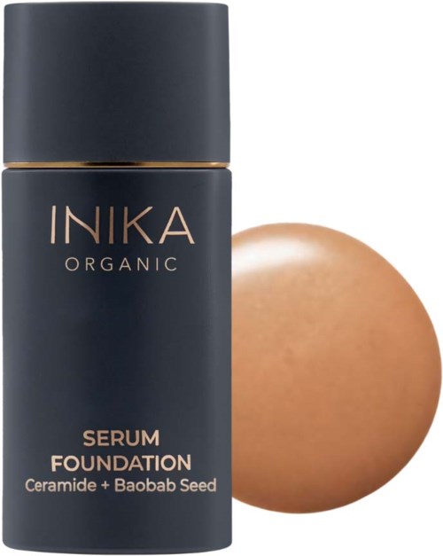 INIKA Organic serumipohja pullo ja meikkisieni, joissa lukee ceramide ja baobabsiemen.