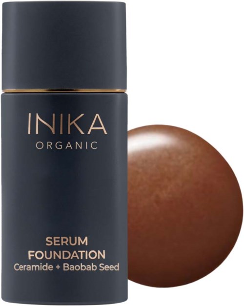 INIKA Organic -serumipohja, jossa ceramidi ja baobab-uutetta, vieressä pyöreä ruskea kosmetiikkatuote.