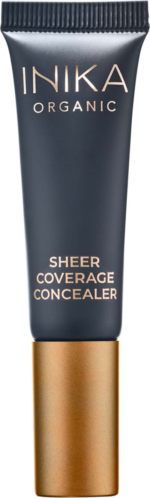 A dark tube with a black cap, labeled 'INIKA ORGANIC SHEER COVERAGE CONCEALER' with gold and white text.