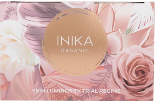 A pink floral design background with a gold circle in the center that says 'INIKA ORGANIC'. It mentions a skincare trial regime.