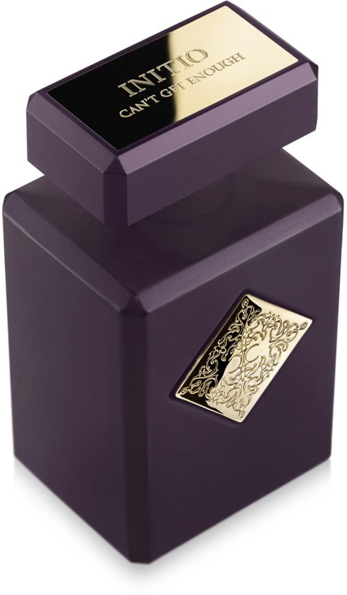 Eine dunkelviolette Tintenflasche mit goldener Dekoration und einem Etikett auf dem Deckel, das "INIKO, CAN'T GET ENOUGH" sagt.