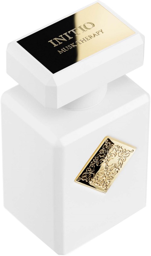 Eine weiße Parfümflasche mit schwarzen und goldenen Etiketten, eleganten Mustern und Text. Die Flasche hat ein modernes Design.