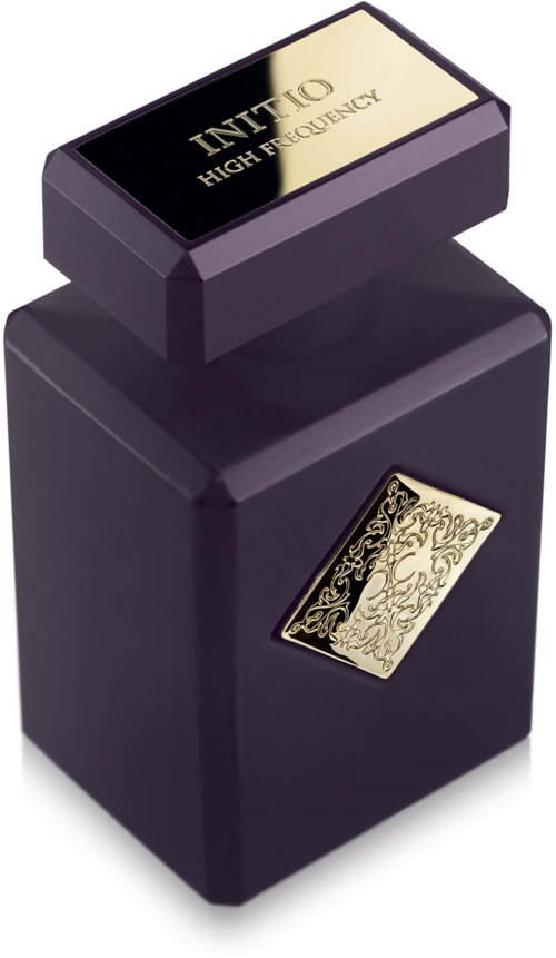 Eine schwarze Parfümflasche mit goldenem Etikett und passendem Deckel mit der Aufschrift "INITO High Frequency."