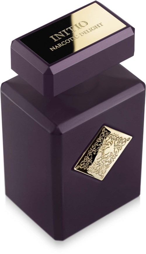 Ein dunkelviolettes Parfümflasche mit goldener Beschriftung und rechteckigem Deckel mit Goldakzenten.