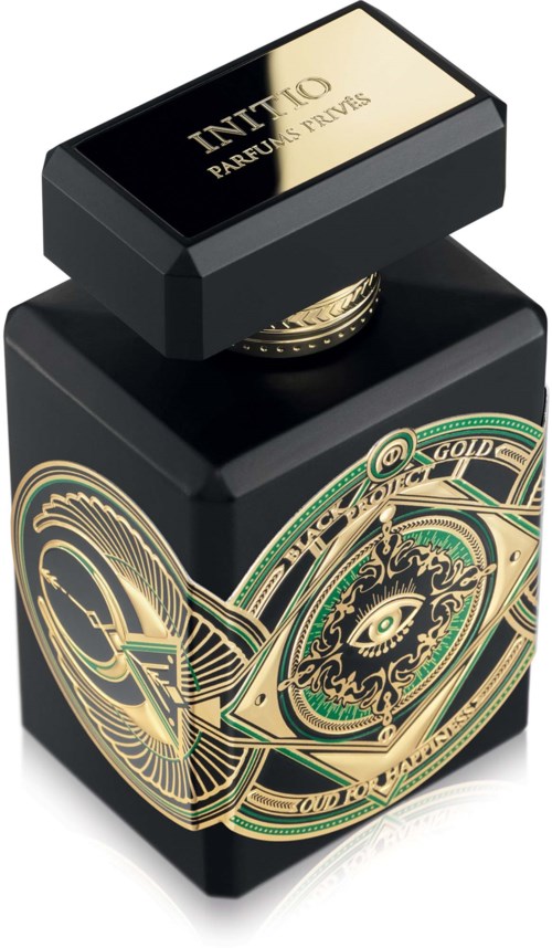 Eine schwarze Parfümflasche mit goldenen und mit Augen verzierten Designs und einem rechteckigen Deckel mit der Aufschrift INVICTO.