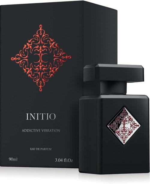 Eine schwarze Parfüfflasche mit einem dekorativen roten Design und einer passenden Box, beschriftet 'INITIO Addictive Vibration'.