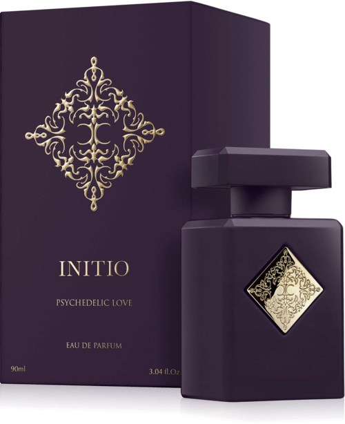 Ein dunkelviolettes Parfümflasche mit Golddetails und passender Verpackung, beschriftet 'INITIO Psychedelic Love'.