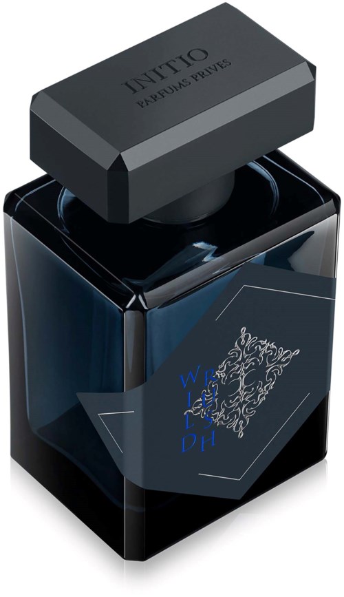 A black and blue perfume bottle with a black cap and a decorative label on the front.
