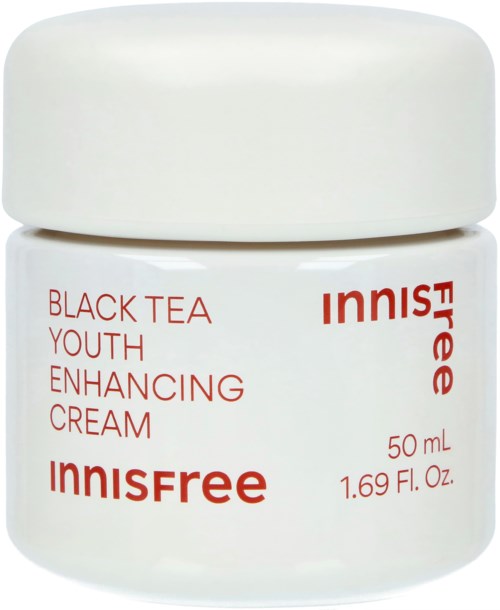 A white container of Innisfree Black Tea Youth Enhancing Cream, 50 mL, with red text and logo.