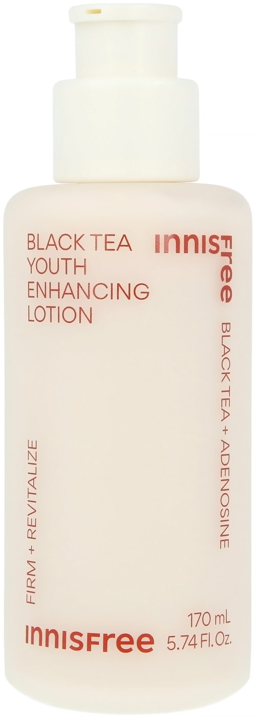 Een witte fles met roze en rode tekst voor Innisfree Black Tea Youth Enhancing Lotion, 170 ml.