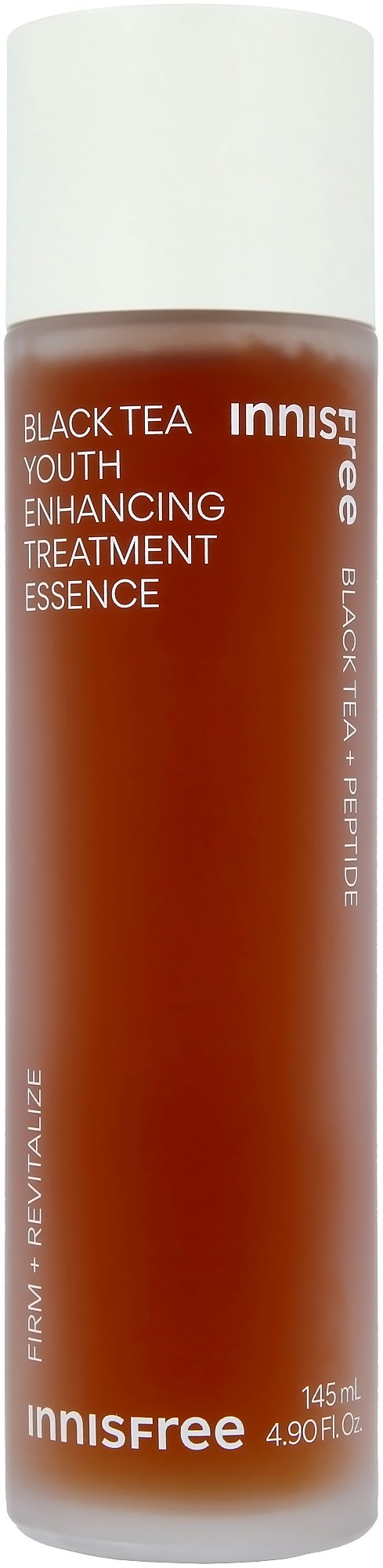 Rode fles met witte dop met label 'Black Tea Youth Enhancing Treatment Essence' van Innisfree.