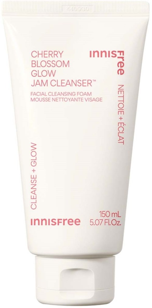Vit tub från Innisfree Cherry Blossom Glow Jam Cleanser med rosa text, 150 ml, frontperspektiv.