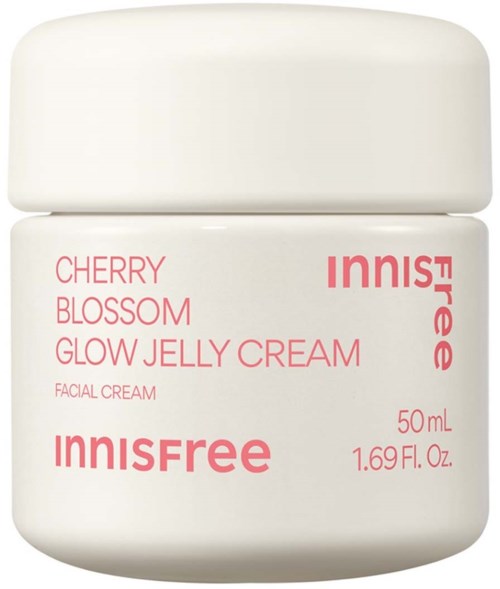 Varumärkeslogga och produktnamn på en vit burk med Innisfree Cherry Blossom Glow Jelly Cream, 50 ml.