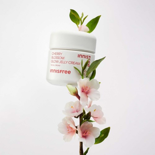 En burk med Innisfree Cherry Blossom Glow Jelly Cream omgiven av rosa körsbärsblommor och gröna blad.