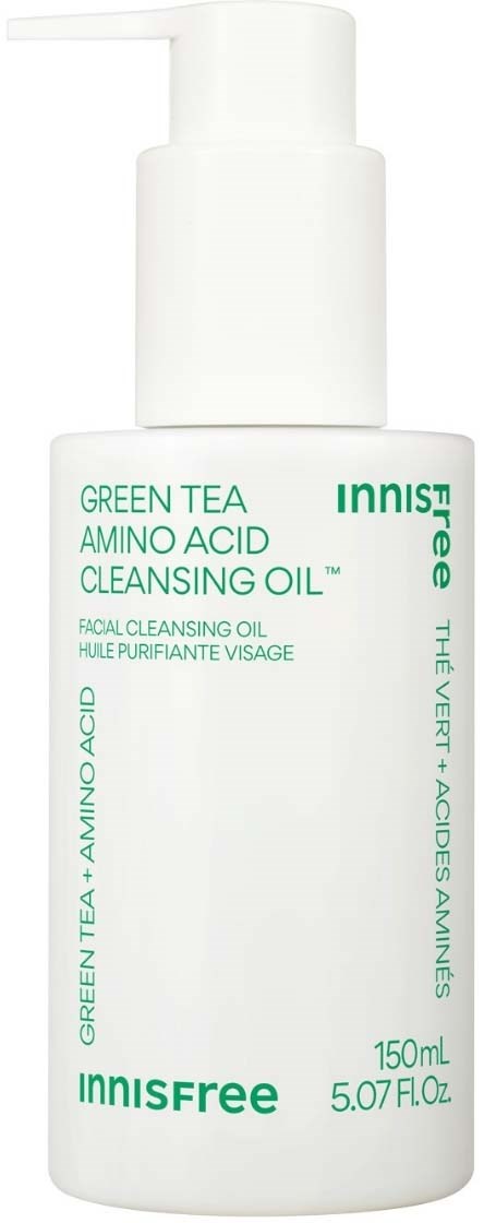 En vit flaska med grön text för Innisfree Green Tea Amino Acid Cleansing Oil. Pumpdispenser upptill.