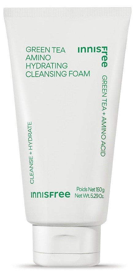 Een witte tube van Innisfree Green Tea Amino Cleansing Foam met groene tekst en schroefdop.